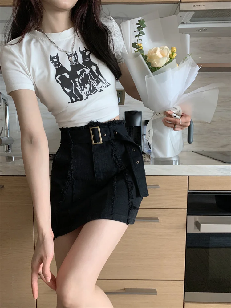 Summer Black Frayed Denim Short Skirt for Women High-Waisted with Belt A-Line Skirt That Covers the Hips Slimming Durable Good Quality view 3