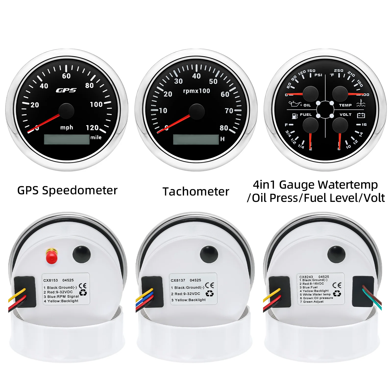 مجموعة قياس 85 مللي متر 120MPH GPS عداد السرعة + 8000 دورة في الدقيقة مقياس سرعة الدوران + 4 في 1 ضغط الزيت درجة حرارة الماء مستوى الوقود فولت متر لقارب السيارة