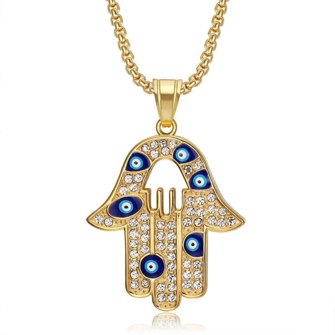 

Punk Iced Out Hamsa Hand of Fatima Pendant Gold Silver Color Stainless Steel Palm Evil Eye Amulet Necklace for Woman Man Jewelry