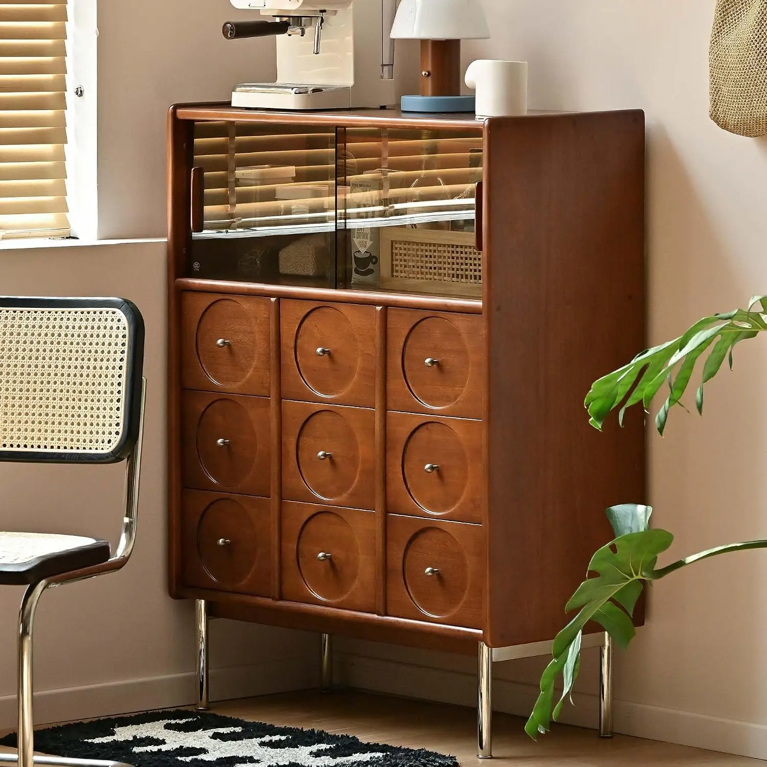 Solid Wood Sideboard 9 Drawers Glass Shelf LED Buffet Metal Legs Modern Coffee Bar Display Living Dining Kitchen, Customized