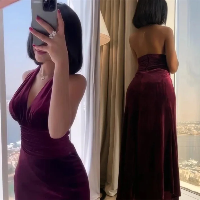 

Sexy Deep V-waist Slit Backless Dress Unique Suede Irregular Sleeveless Dress Spring Summer New Women's Banquet Evening Dresses