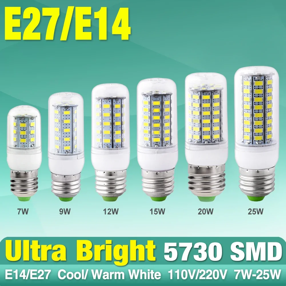 NEW 5730 SMD LED Corn Bulb Lamp E27 E14 Base, Warm White Cool White, 7W 9W 12W 15W 20W 25W, Home Decor