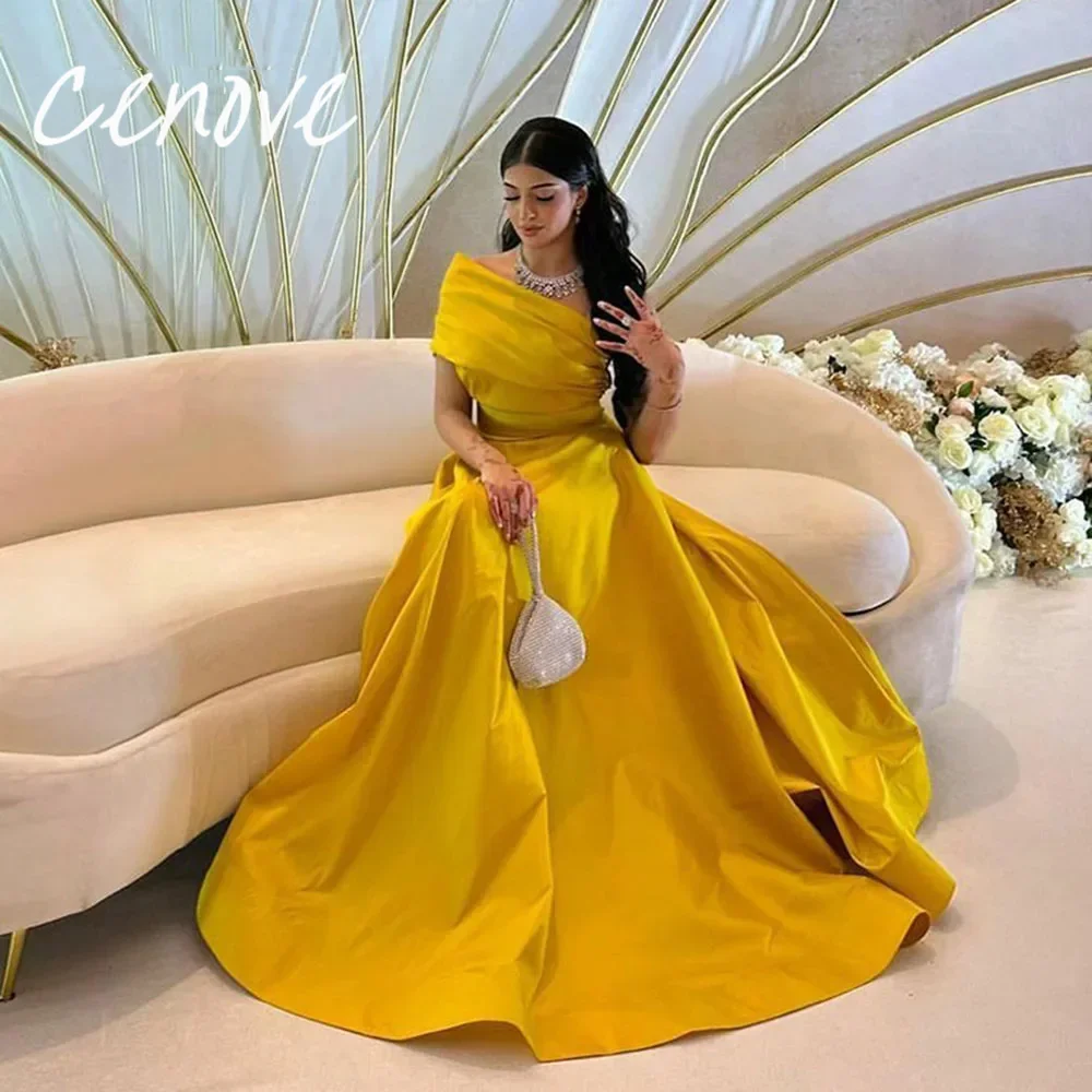 

Modest A-Line Yellow Saudi Arabic Satin Prom Dress One Shoulder Formal Occasion Women Evening Party Gowns فستان حفلة موسيقية