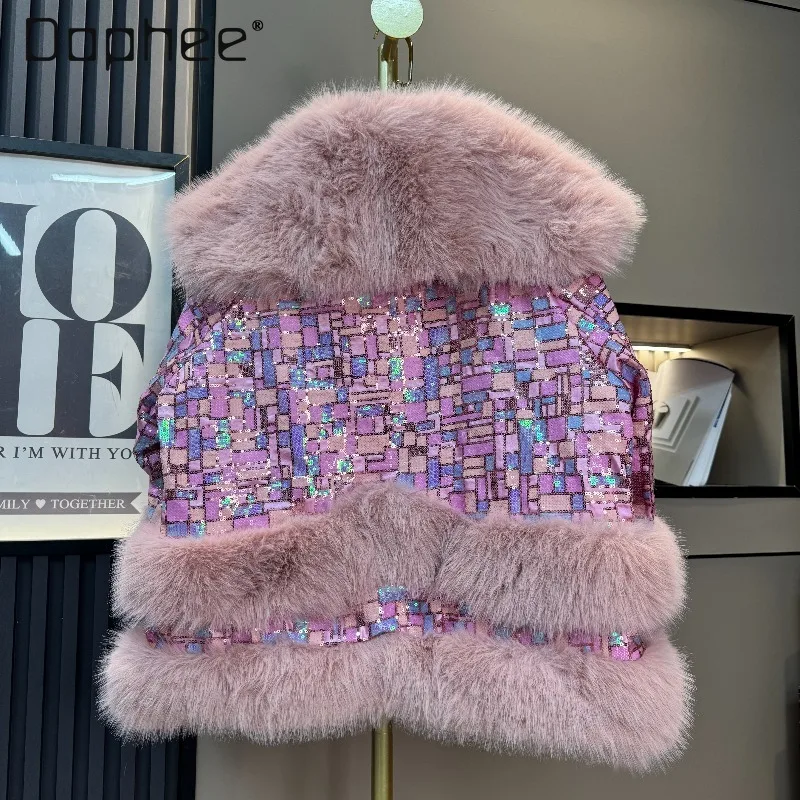 高級ファッションスパンコールエコフレンドリーファーコート女性用ヨーロッパ風新トレンド折り返し襟厚手暖かいミンクファーコート女性用