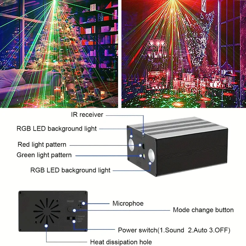 RGB Mini DJ Disco Laser Light Projector LED Strobe Stage Effect 3D Light with Remote Wedding Christmas Holiday Party Light
