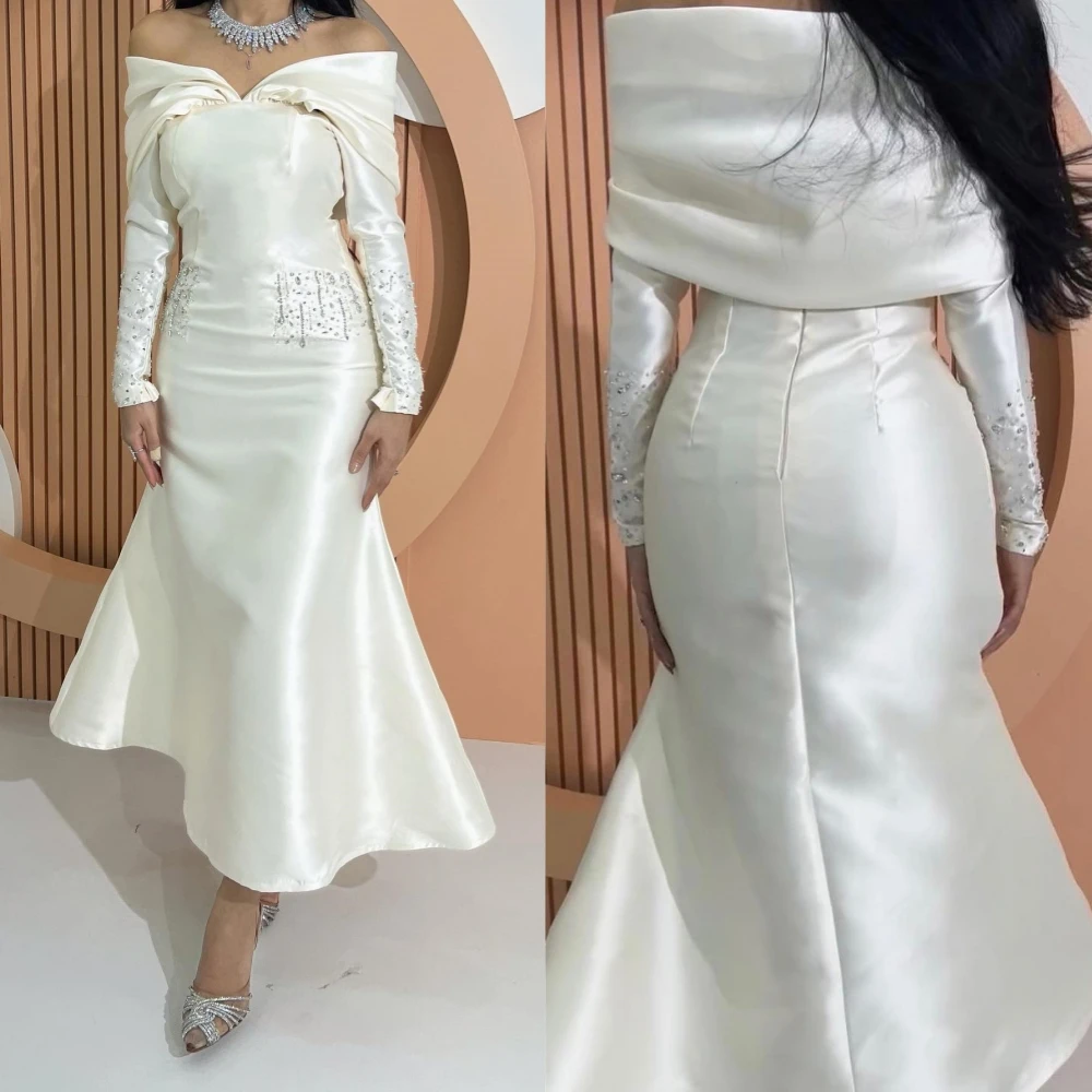 Gaun Prom Arab Saudi Satin manik-manik terbungkus Pleat ulang tahun putri duyung Off-the-shoulder Bespoke gaun acara gaun Midi