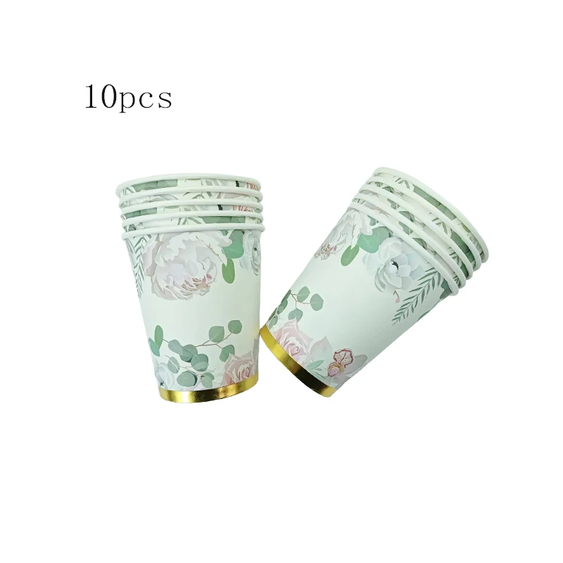 10Pcs Green leaves Flower Paper Plates Cups Napkins Happy Birthday Wedding Party Bride Shower Hawaiian Tea Party Table Decor