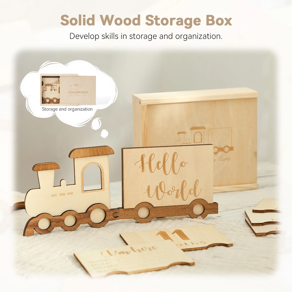 

Wooden Cartoon Train Growth Record Card Newborn Photography Prop 0-12 Months Baby Growth Record Baby Gift