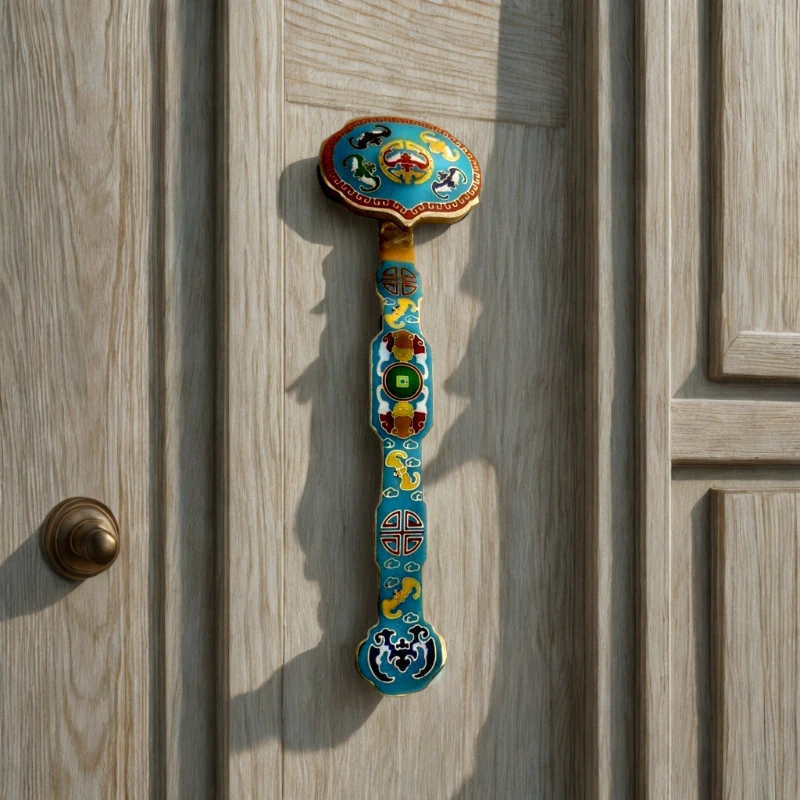 Antique Brass Classic Door Handle Cloisonne Entrance Door Knocker Ruyi Enamel Blue Door Handles for Interior Doors Collection