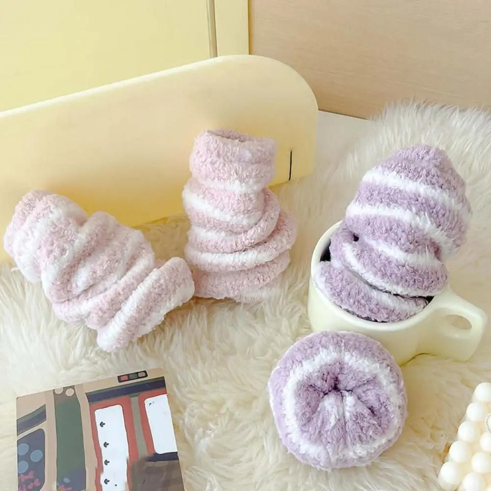 

6Pairs Sweet Stripe Coral Fleece Socks Warm Thicken Velvet Socks Soft Hosiery Sleeping Socks Fall/Winter