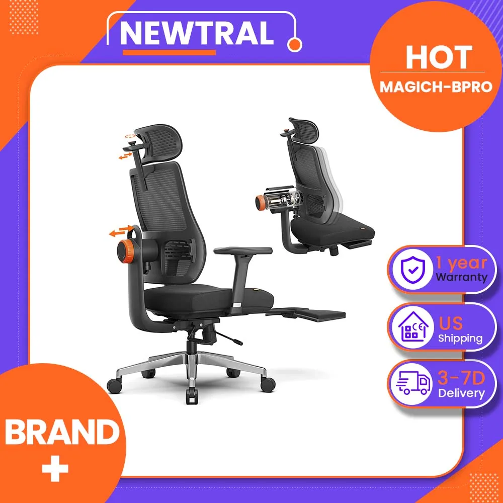 NEWTRAL MagicH-BPro Ergonomic Office Chair, Auto-Following Backrest & Headrest, 4D Armrests, Adjustable Seat, 96°-136° Reclining, Footrest, High-Density Cushion, Class 4 Gas Lift
