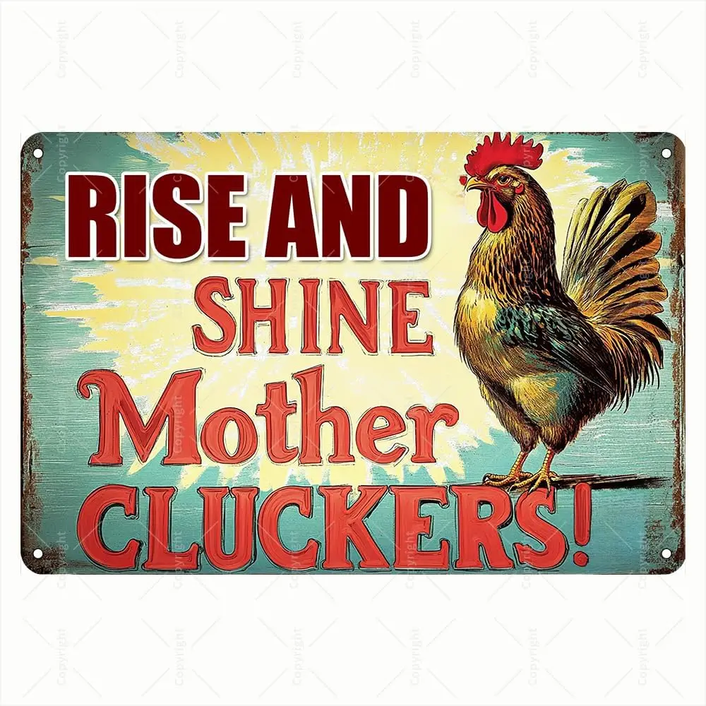 Vintage Tin Sign - Rise and Shine Mother Cluckers Rooster and Sunburst Design Retro Metal Sign - Humorous Tin Sign for Farmhouse