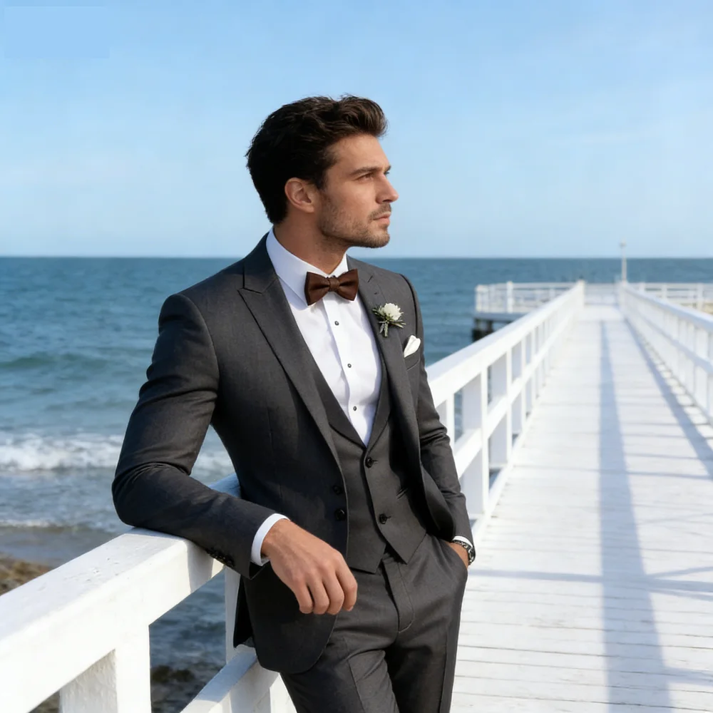 

Мужской смокинг из 3 предметов с коричневым пик-лапелем, модный однобортный, для торжественных мероприятий, элегантный повседневный, для свадьбы