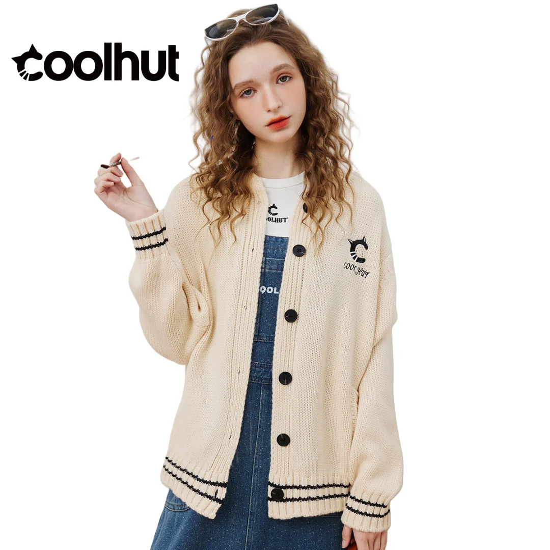 

COOLHUT 2025 винтажный кардиган в стиле преппи, минималистичный трикотаж с вышивкой для осени, дизайн с цветными блоками, повседневный свитер с открытой передней частью