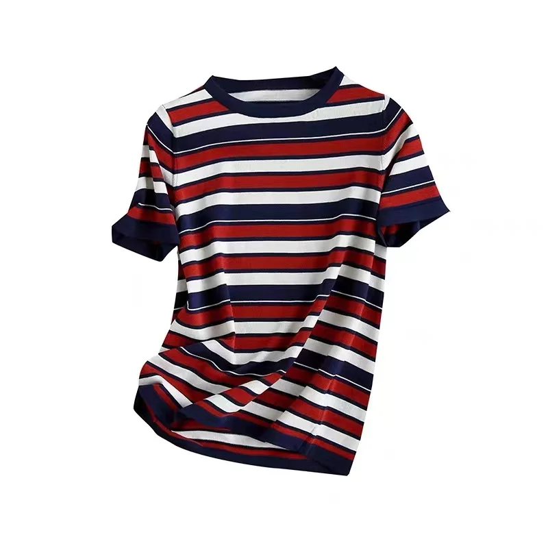 100% Pure Cotton Women Slim Sweater T-shirt New Summer Short-sleeve O-neck Stripe Pullover Tees Britain Casual Knitted Tops