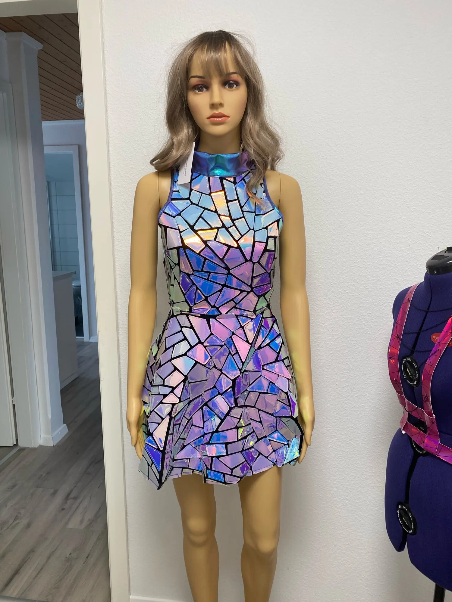 

Casual Dresses Silver Mirror Nightclub Dress Women Evening Birthday Outfit Sleeveless Shiny Laser PU Bar Dj Gogo Dancer Singer S