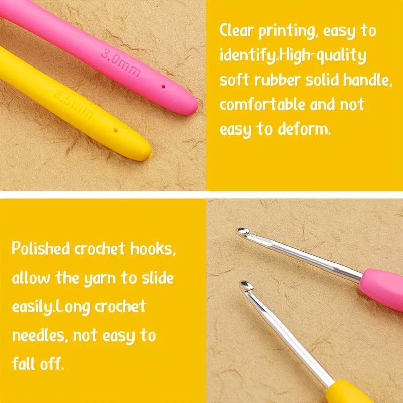 one set Crochet Hooks Set Ergonomic Soft Grip Knitting Needles 3.0mm 3.5mm with Stitch Markers & Portable Pink Metal Case view 2