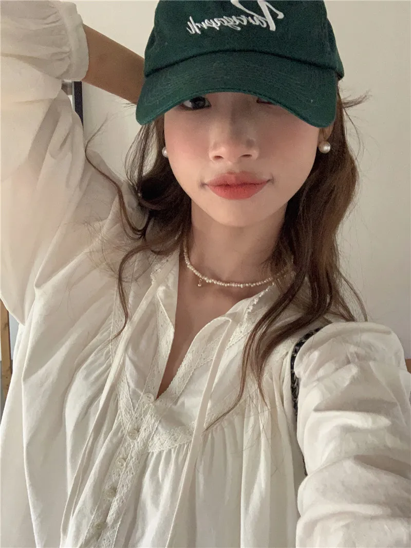 Vestido de manga comprida estilo coreano com costura de renda, solto, comprimento médio