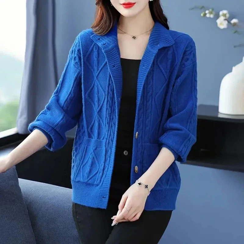 2024Spring Autumnr New Cardigan Sweater Jacket Women  Loose Half-high collar Single-Breasted Knitted Sweater Casual Coat Female