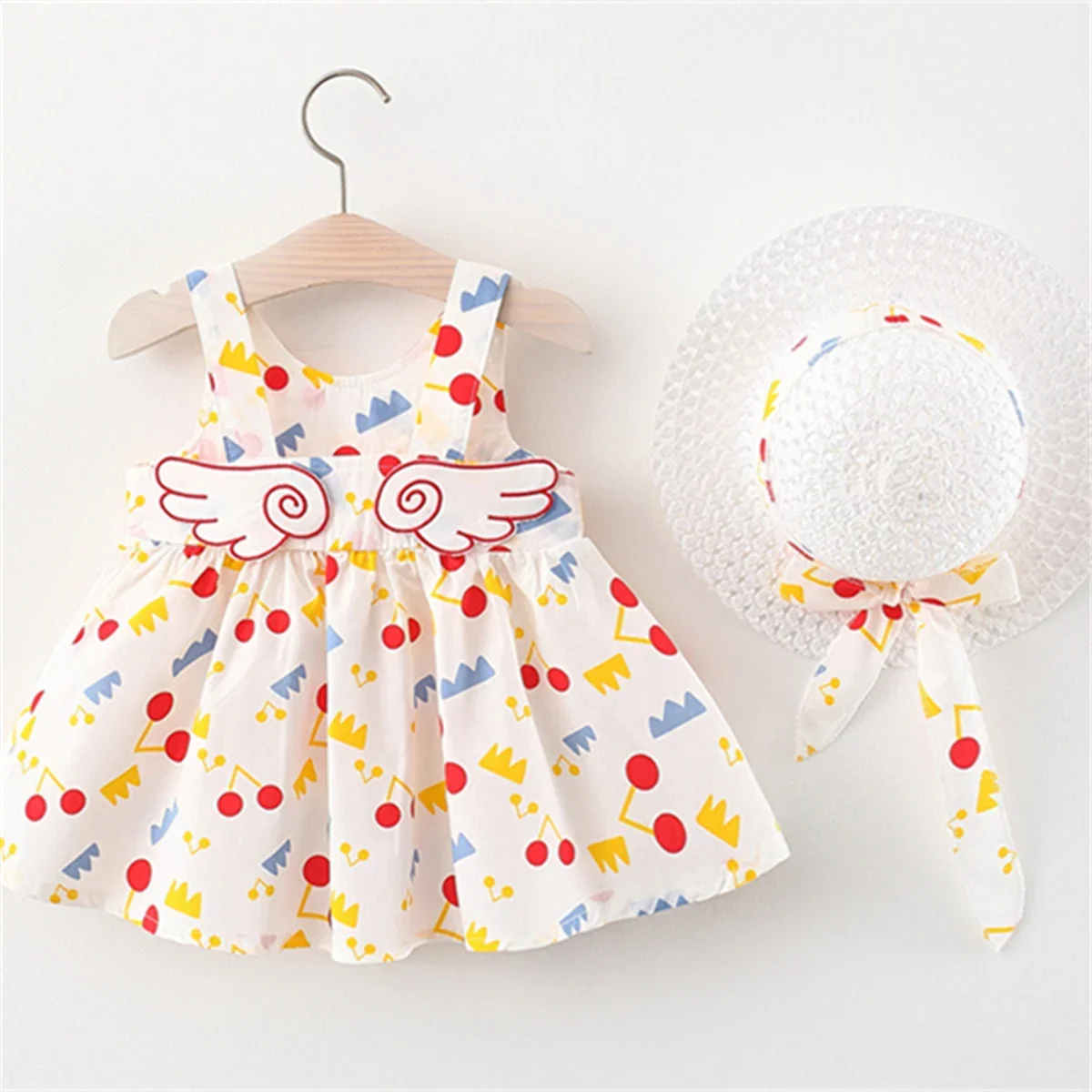 2Pcs/SetGirls\' Dress Summer New Instagram Children\'s Wear Irregular Print Back Cartoon Wings Sleeveless A-line Skirt with Hat