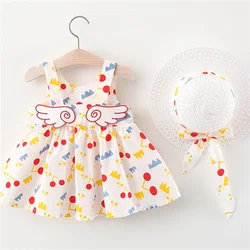 2Pcs/SetGirls' Dress Summer New Instagram Children's Wear Irregular Print Back Cartoon Wings Sleeveless A-line Skirt with Hat