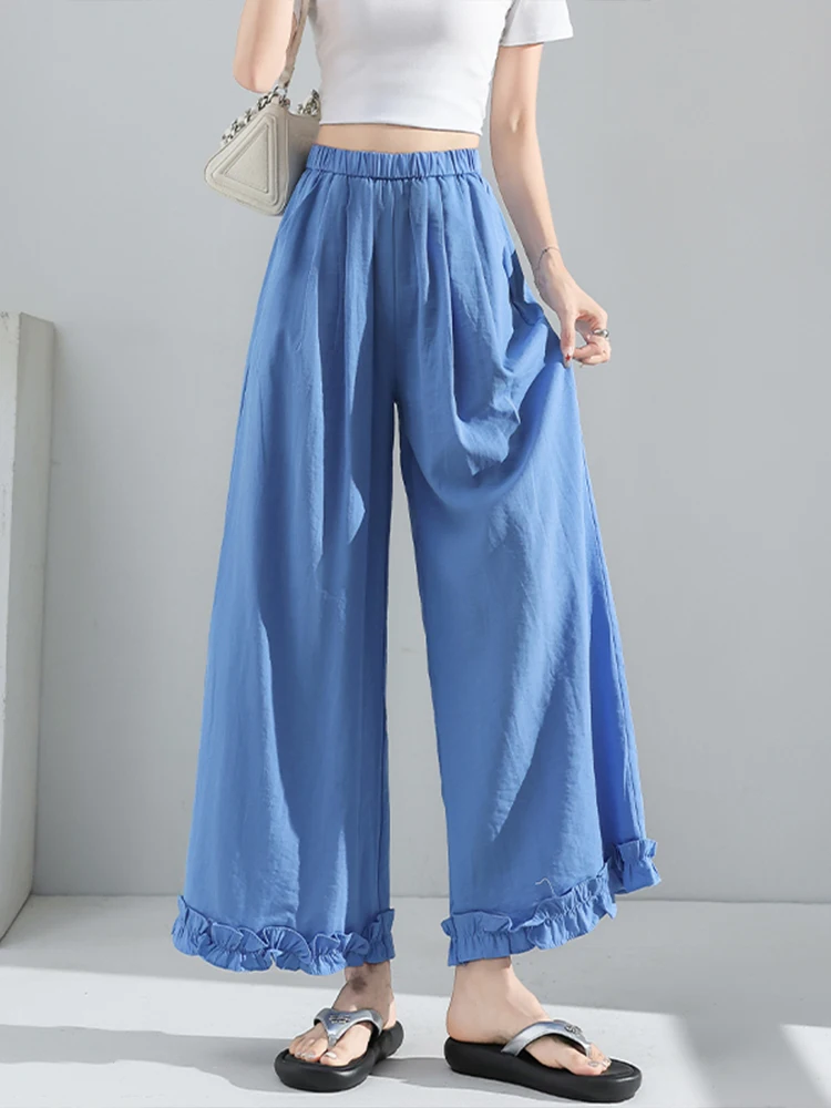 

Design sense Wooden ear wide leg pants women in summer thin ice silk cotton and linen casual straight leg cropped pants