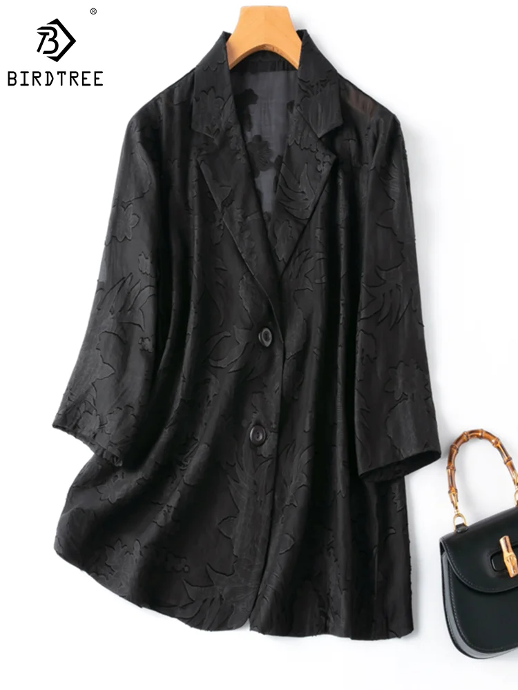 

Birdtree 100% Silk Jackets Women Cut Flowers Tough Fregrent Cloud Yarn 3/4 Sleeves Two Buttons Blazers Summer Autumn New C35949M