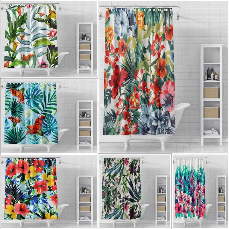 Fresh Green Leaf Flower Shower Curtain Waterproof and Mildew Proof Bathroom Shower Room Partition Curtain