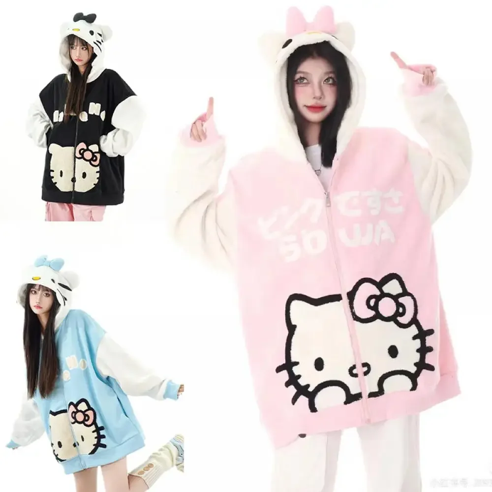 Anime Plush Hooded Cardigan Hoodie Coat Kawaii Hello Kitty Women Sanrio Autumn Winter Thicken Warm Zipper Jacket Girls Student