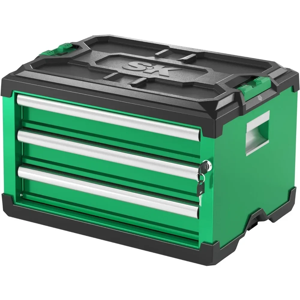 Patenteado Auto-Lock Toolbox Mecanismo, 3-Drawer Steel Box, detém até 60 Lbs Modular empilhável Storage Toolbox, Storage Toolbox