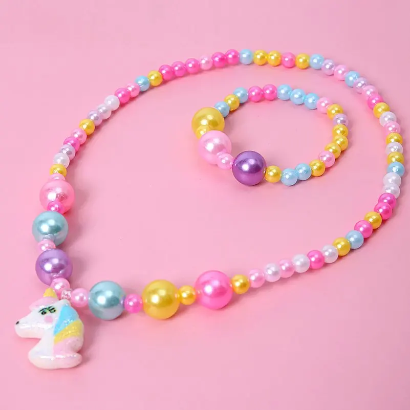 2pcs Colorful Cartoon Unicorn Flower Animal Child Sweater Necklace Bracelet Girl's Gifts Children's Jewelry Kids Toys