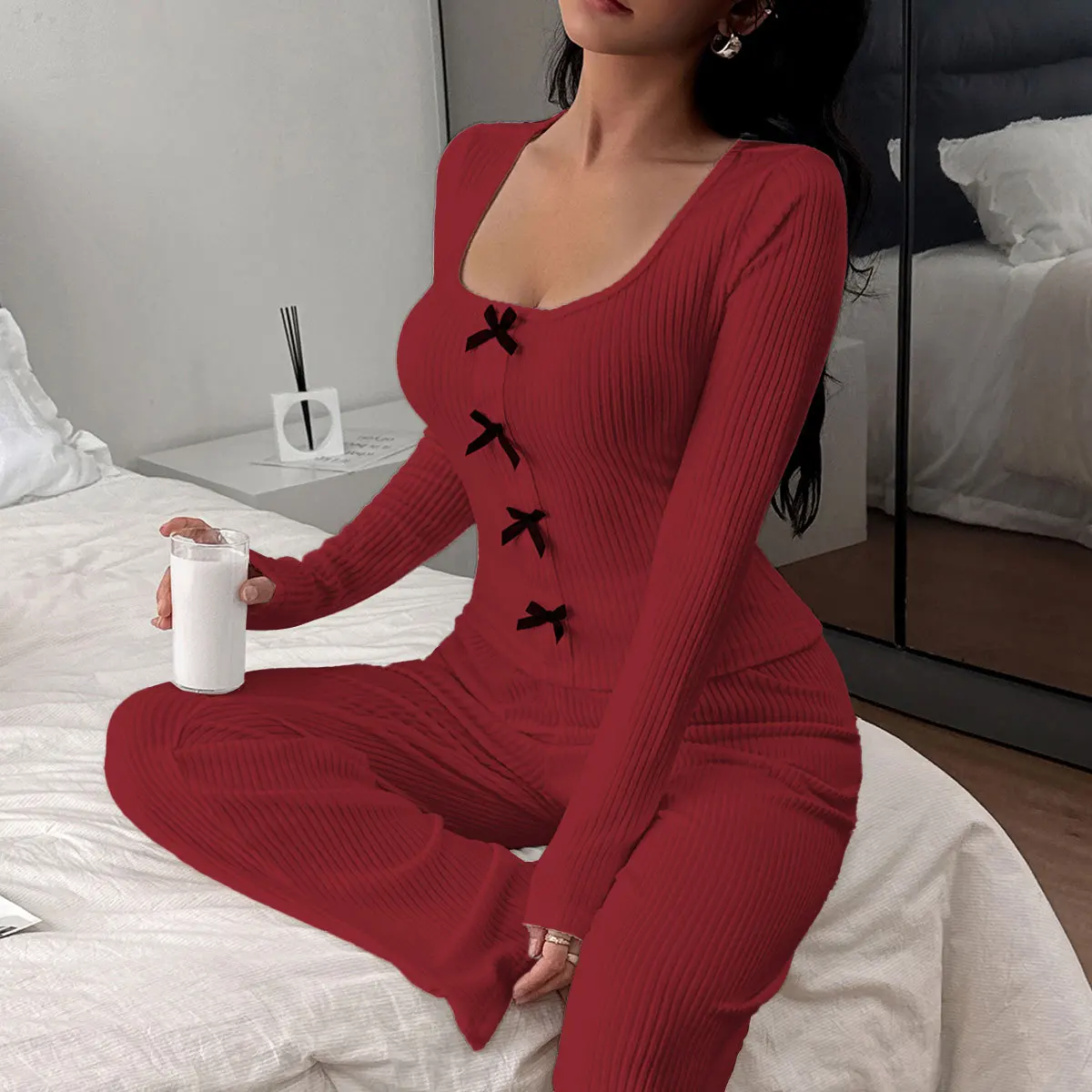 Women Spring Autumn Casual Pajamas Set Long Sleeve Bow Button Solid Knit Tops + Pants Loose Sleepwear Homewear Female Loungewear
