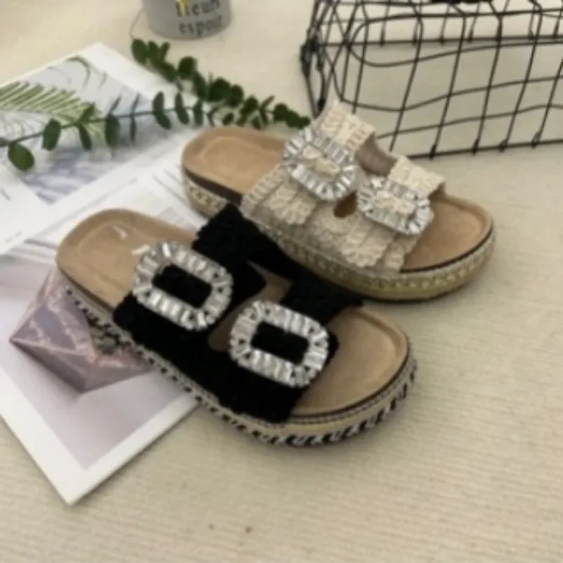 2024  women shoes claquette femme new thick-soled hemp rope double buckle square buckle cork beach slippers plus size