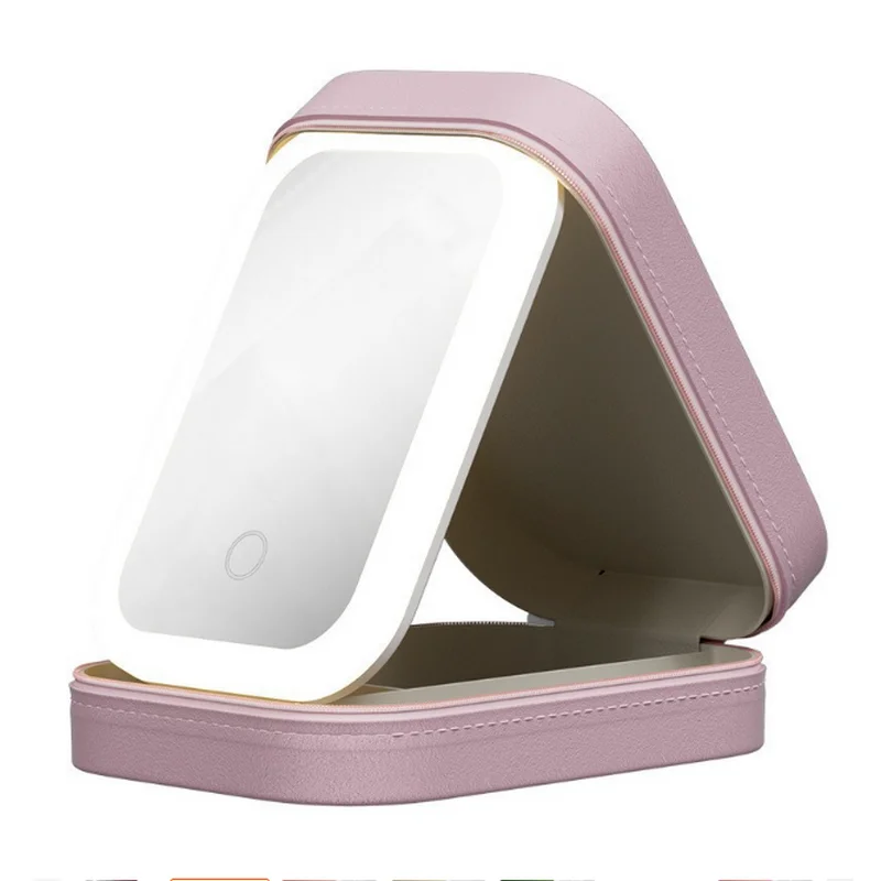 Mini organizer per trucco con specchio a LED Specchio per trucco ricaricabile tramite USB con custodia per gioielli leggera Borsa per trucco portatile