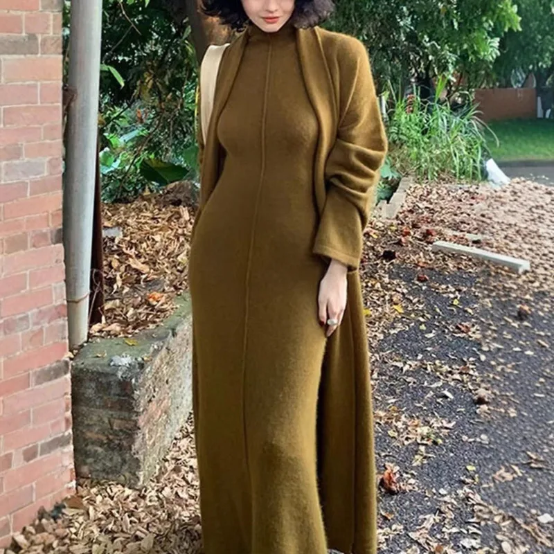 EAEOVNI Elegant Knitted 2 Piece Set Women Long Cardigan Long Coat + Sleeveless Slim Solid Color Dresses Fashion 2025 Winter New