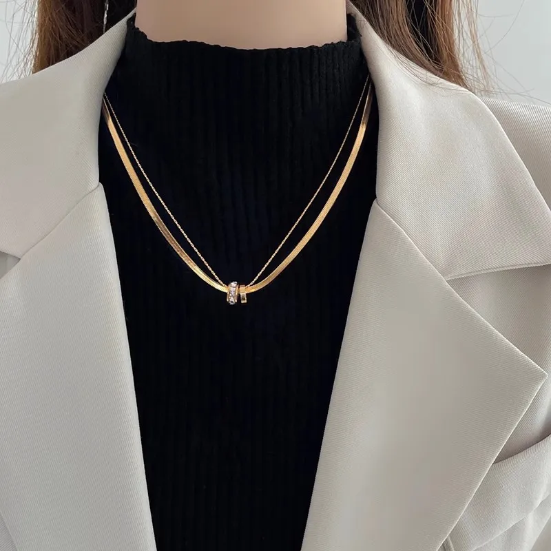 Trendy Stainless Steel Double Layer Necklace for Women Fashion Crystal Bead Pendant Necklaces Clavicle Chain Party Jewelry image 2