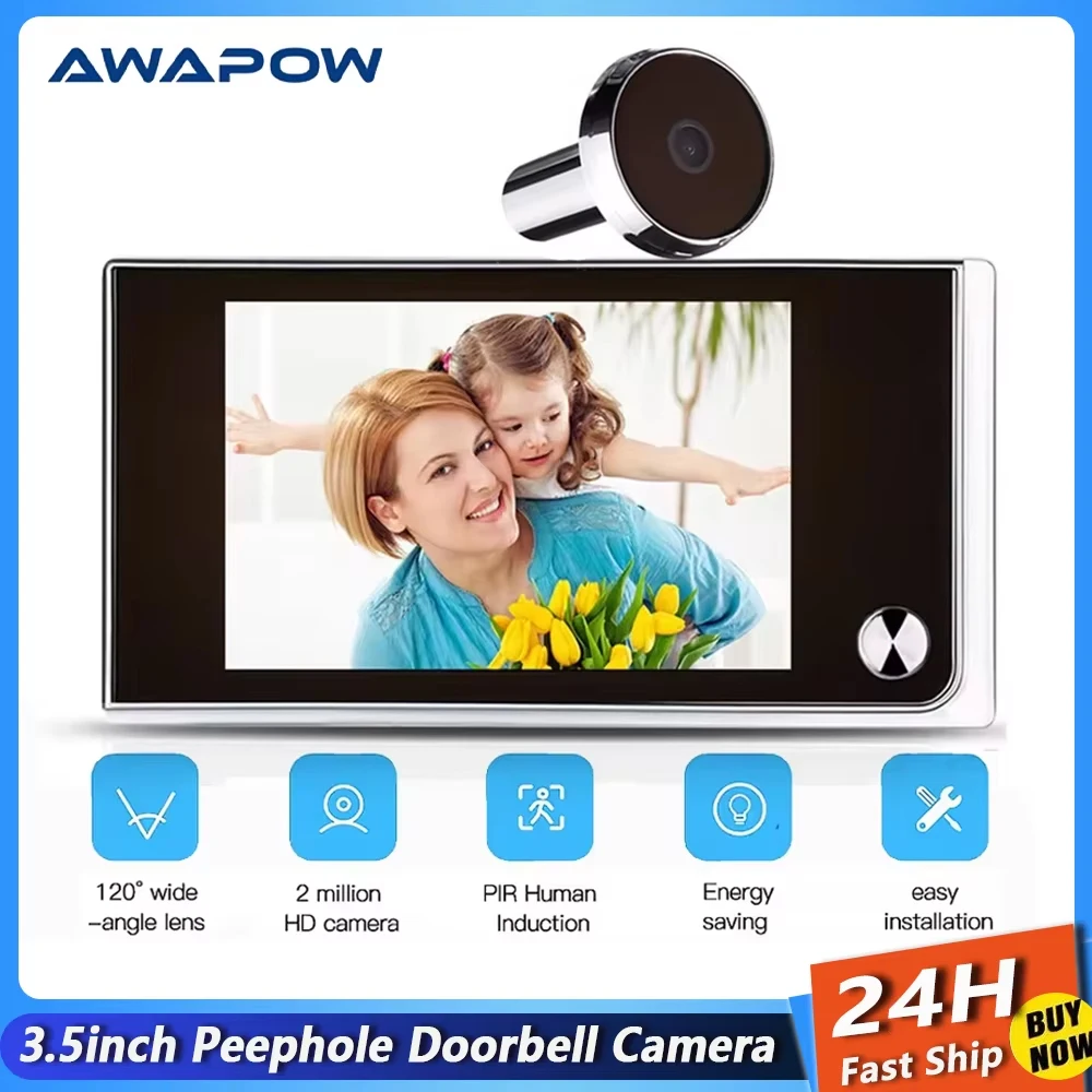 Awapow 3,5 İnç Kapı Zili Kamerası 120 ° Video Gözetleme Deliği Kapı Görüntüleyici Kedi Gözü Akıllı Ev Ev Güvenliği için Dış Mekan Hareket Algılama