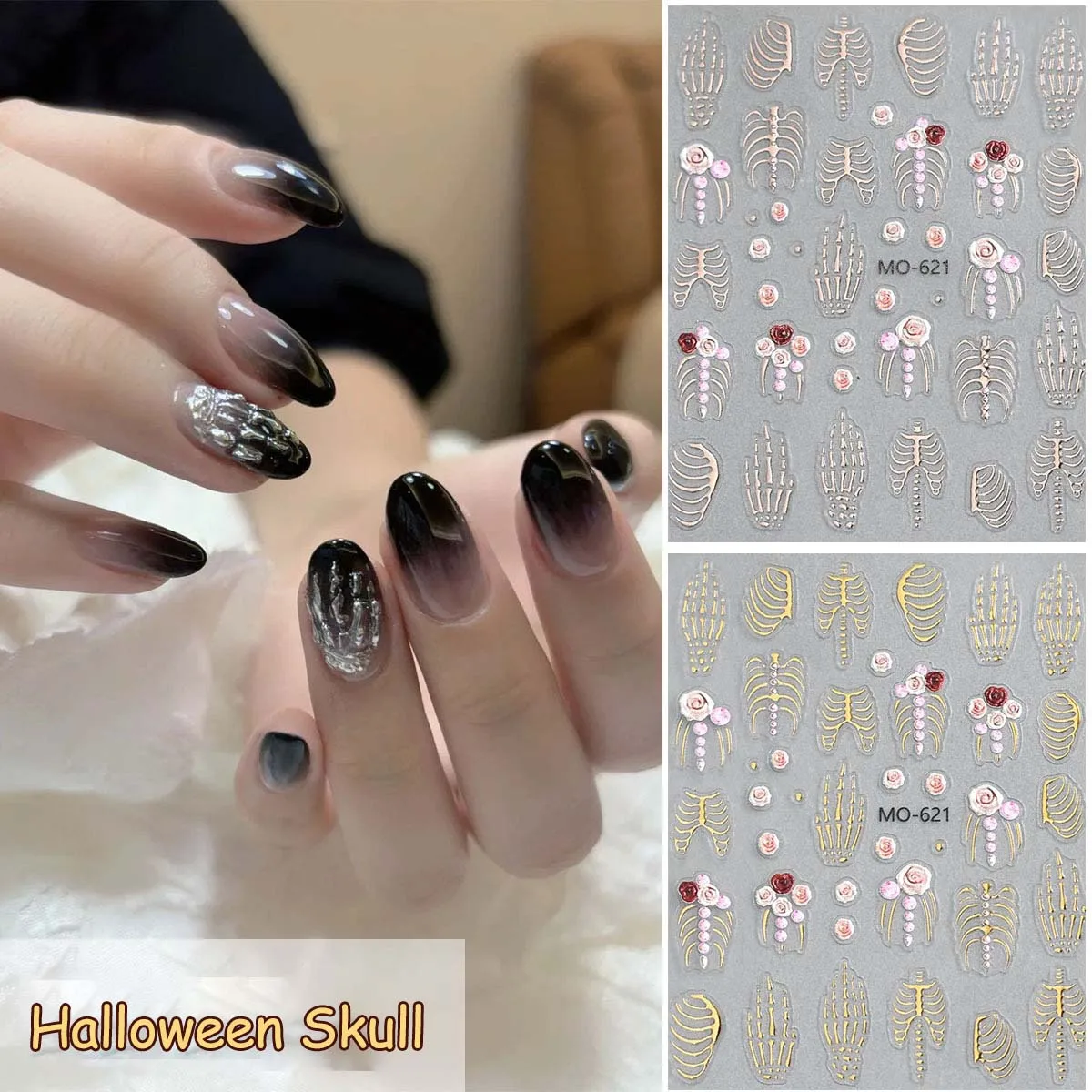1PCS 할로윈 5D 네일 아트 스티커 고딕 골든 해골 엠보싱 스켈레톤 핸드 슬라이더 데칼 매니큐어 DIY 장식 액세서리