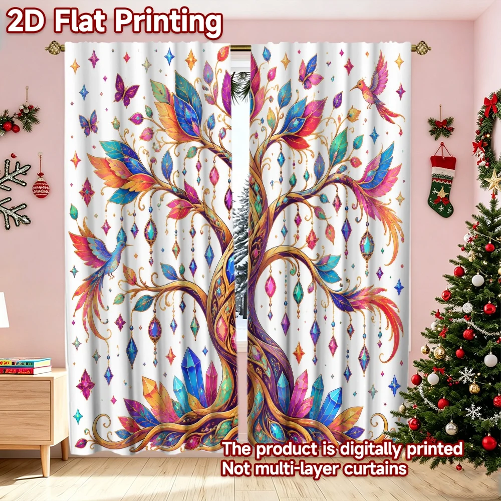 2D flat printing 2pcs Classic Hot Christmas Curtains Jeweled Tree and Birds Digitally printed polyester, durable Birthday Party