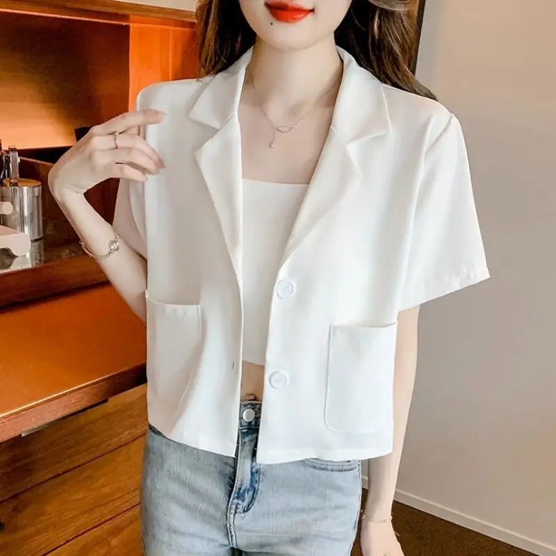 Women Summer Trendy Short Sleeve Chic Commute Single Breasted Blazers Female Korean Solid Casual Streetwear Cropped Suit Jacket