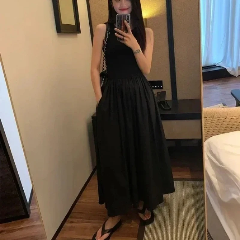 Neue Weibliche Mode Stil Kleid Sommer Rundhals ÄrmelloseHohe Taille Temperament Einfache Elegante Schwarze Lange Kleider Für Frauen