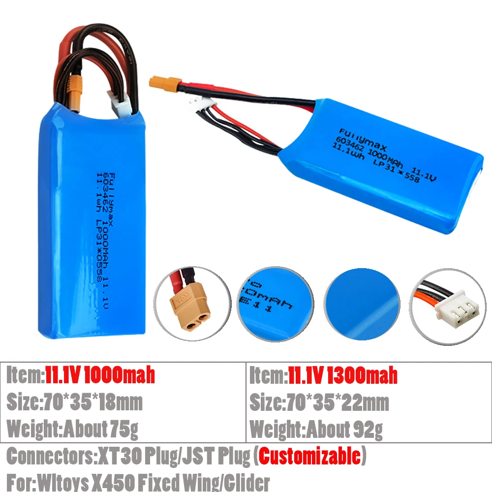 2Pcs/lot 11.1V 1000mah/1300mah Rc Lipo Battery  JST XT30 Connectors (Customizable) For Wltoys X450 Fixed Wing Glider Airplane