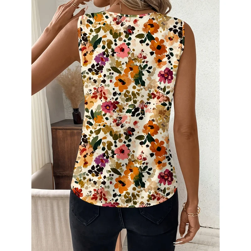Graceful Floral Country Style Sleeveless Blouse, Spring/Summer Rural Women's Clothing