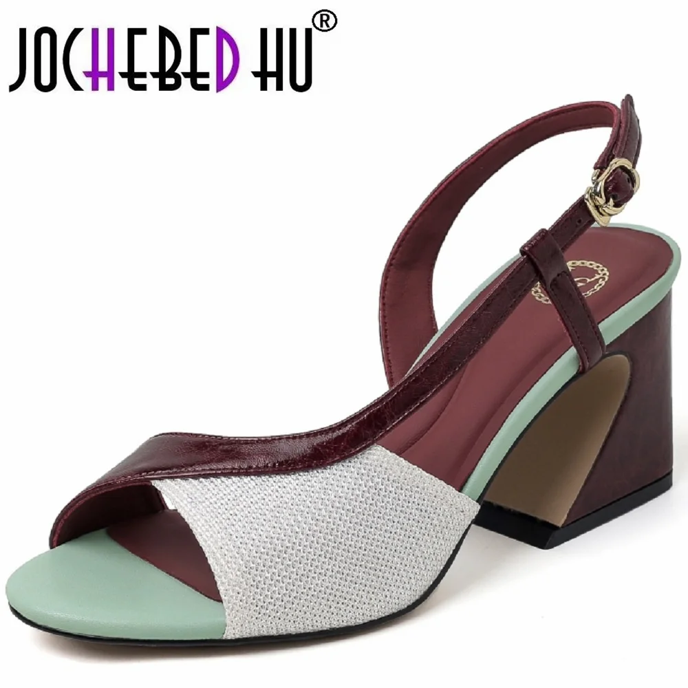 【JOCHEBED HU】Handmade Genuine Leather Multi-Color Contrasting Design Block Heel Round-Toe Open-Toe Summer New High Heels Sandals