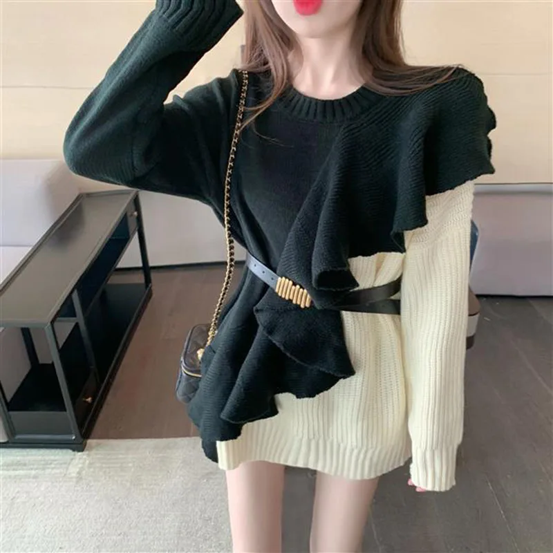 Gidyq Elegant Women Sweater Dress Korean Casual Female Belt Sexy Mini Dresses Autumn Cute Patchwork Knit A Line Dress New