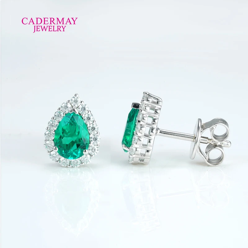 Cadermay Colombian Lab Grown Emerald Stud Earrings 925 Silver Halo Moissanite Earrings Fine Jewelry for Women Wedding Party Gift