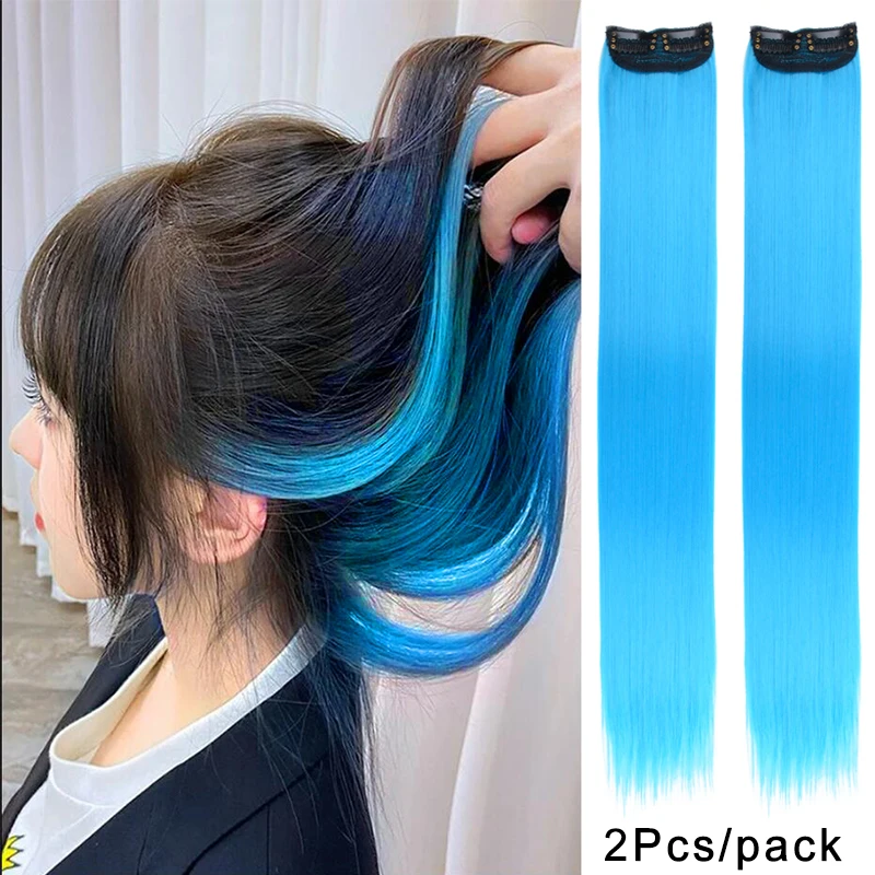 Clipe reto colorido em extensões de cabelo, 22 ", destaques do arco-íris, hairpieces para crianças, presentes coloridos, azul, 2pcs