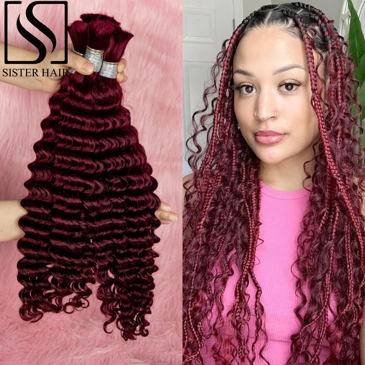 

Burgundy 28 Inch Deep Wave Human Hair Bulk No Weft 100% Brazilian Virgin Hair Bundle for Boho Braids Extensions for Black Woman