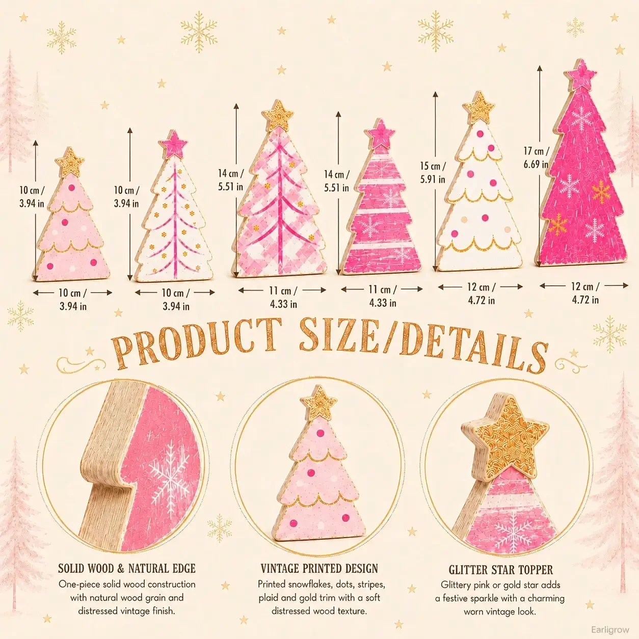 EARLIGROW 6-Piece Pink And White Wooden Christmas Tree Table Decorations, Rustic Vintage Farmhouse-Style Wooden Christmas Tree Ornaments, With Gold Sequin Star Decorations, Various Checkered And Polka Dot Snowflake Print Designs