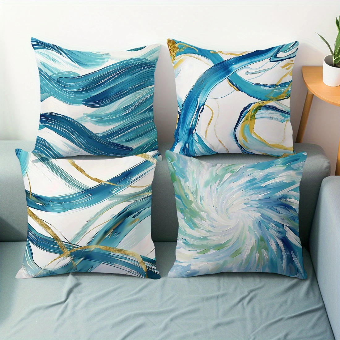 1PC 2D Flat Abstract Coastal Watercolor Throw Pillow Covers Teal Blue Gold Swirl Brushstroke Cushion Cases for Home Decor